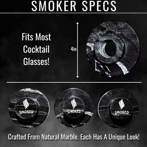 4-inch black marble cocktail smoker by Smoked, designed to fit most whiskey glasses. Each handcrafted piece features a unique marble pattern.