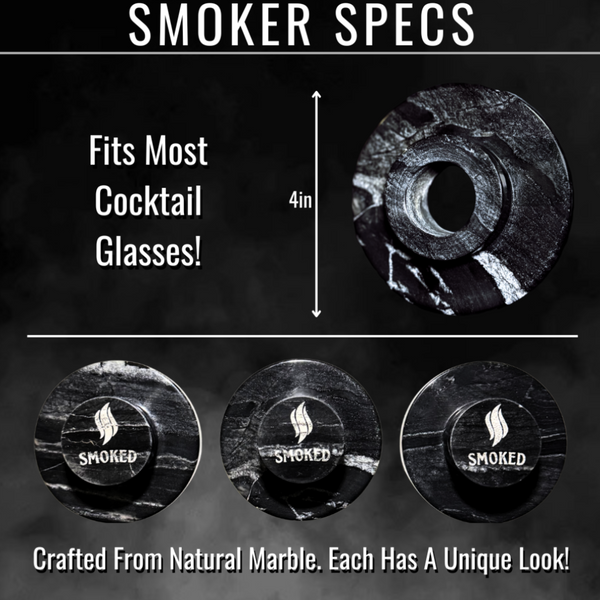4-inch black marble cocktail smoker by Smoked, designed to fit most whiskey glasses. Each handcrafted piece features a unique marble pattern.
