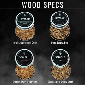 Four containers of smoked wood chips with labels on a dark background