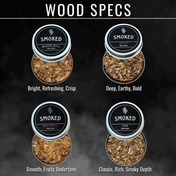 Four containers of smoked wood chips with labels on a dark background